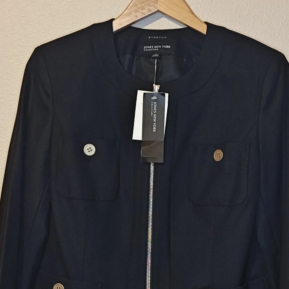 Jones‎ New York Collection Blazer Women 8 Black Zip Front Stretch Pockets New